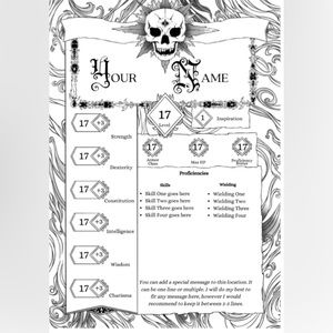 Handmade character sheet made with card stock and foil colors of the rainbow